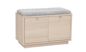 Hallbänk med skoskåp i ljust trä och grå sittdyna, två luckor för förvaring av skor