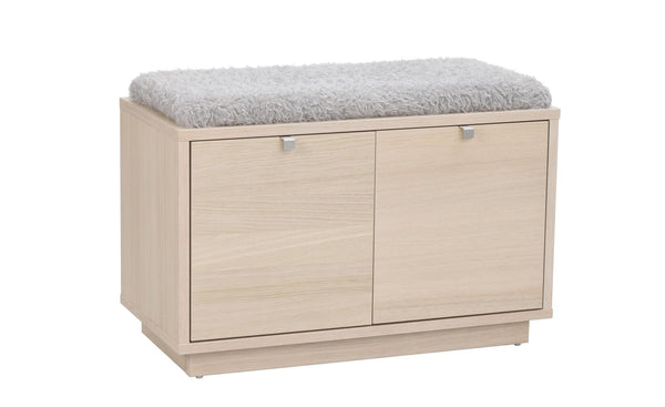 Hallbänk med skoskåp i ljust trä och grå sittdyna, två luckor för förvaring av skor