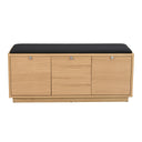 Hallbänk i ek med svart stoppad sits och tre förvaringsluckor