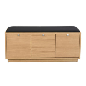 Hallbänk i ek med svart stoppad sits och tre förvaringsluckor