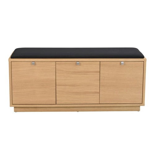 Hallbänk i ek med svart stoppad sits och tre förvaringsluckor