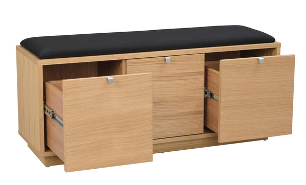 Hallbänk i ek med svart dyna och tre öppna lådor för förvaring av skor och accessoarer