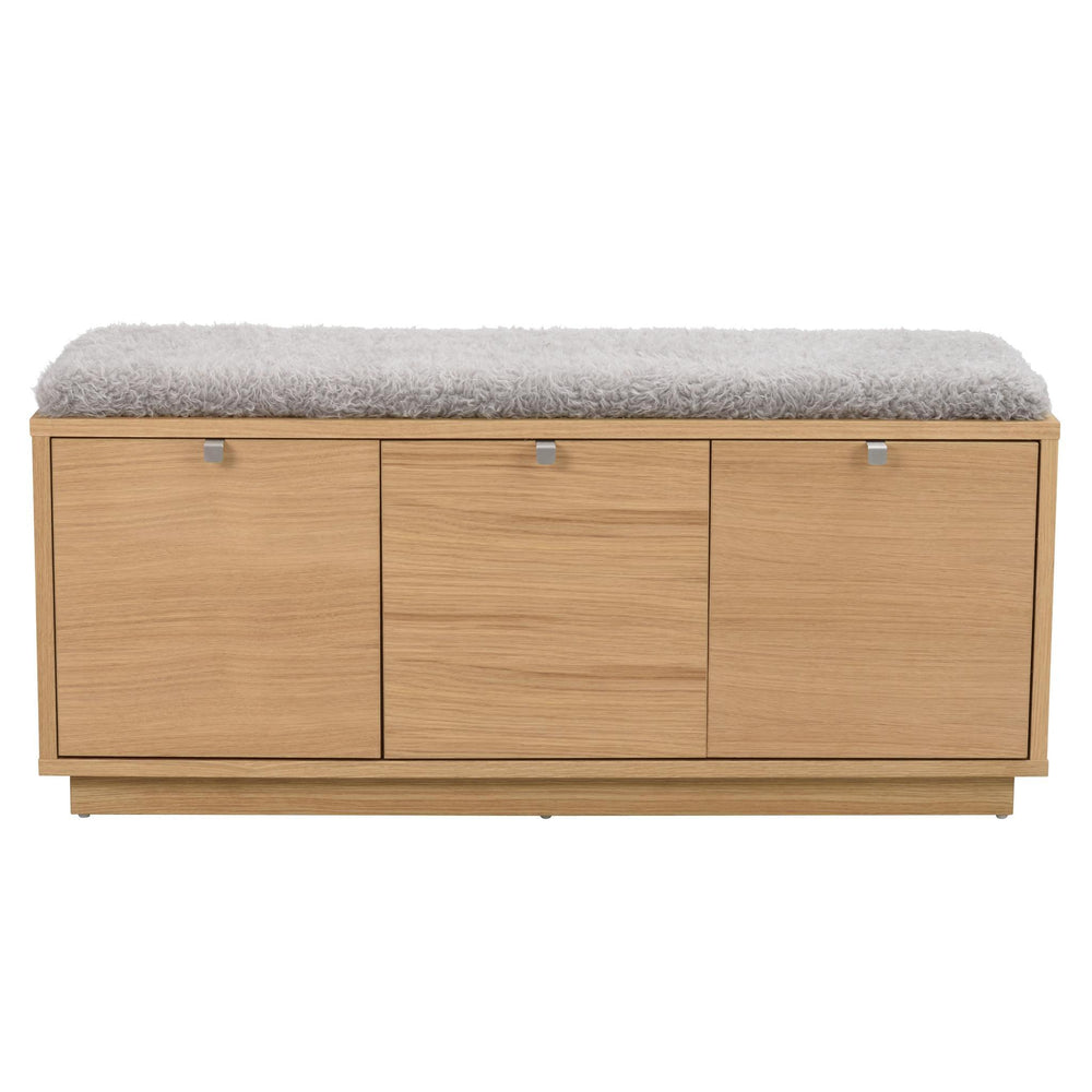 Hallbänk i ek med grå sittdyna och tre förvaringsluckor