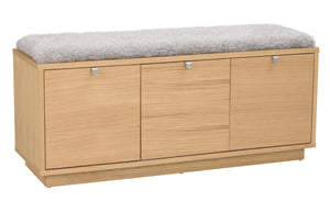 Hallbänk i ekfanér med grå stoppad sittdyna och tre förvaringsluckor