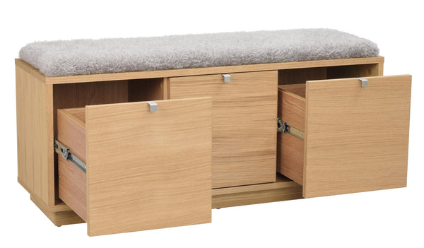 Hallbänk i ek med tre utdragbara lådor och grå sittdyna, öppen vy som visar förvaringsutrymmen