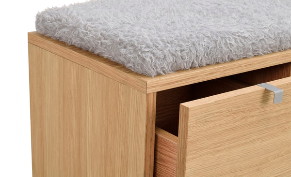 Hallbänk i ek med grå sittdyna och utdragbar låda med metallhandtag