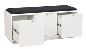 Vit hallbänk med svart stoppad sittdyna och tre utdragbara lådor med förvaringsutrymmen