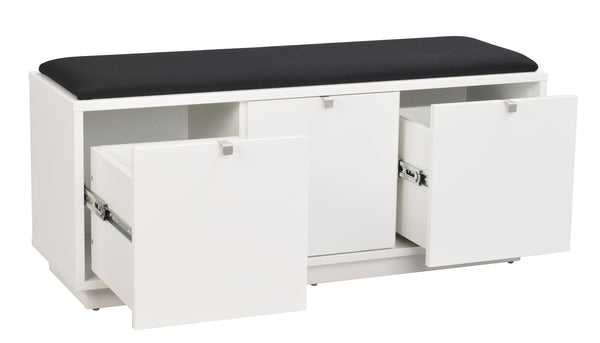 Vit hallbänk med svart stoppad sittdyna och tre utdragbara lådor med förvaringsutrymmen