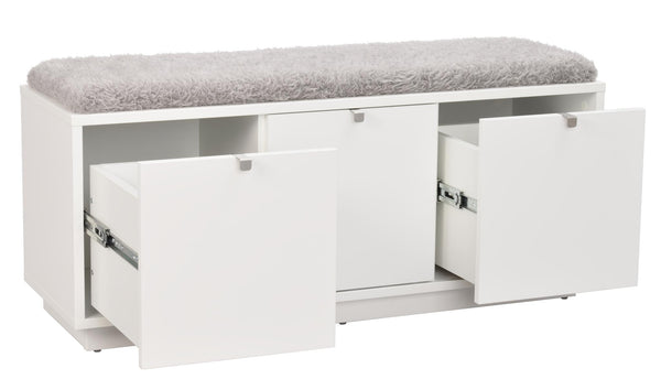 Vit hallbänk med grå plyschkudde, öppna lådor och förvaringsutrymmen med metallskenor