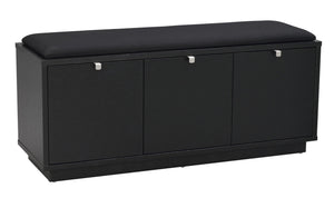 Svart hallbänk med tre dörrar och stoppad sittdyna, perfekt förvaring och sittplats i hallen