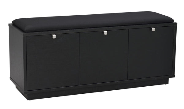 Svart hallbänk med tre dörrar och stoppad sittdyna, perfekt förvaring och sittplats i hallen