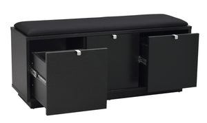 Svart hallbänk med stoppad sittdyna, öppna lådor och dörr som visar förvaringsutrymmen