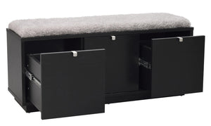 Svart hallbänk med grå sits och öppna lådor och dörrar som visar förvaringsutrymmen