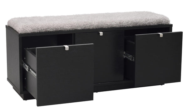 Svart hallbänk med grå sits och öppna lådor och dörrar som visar förvaringsutrymmen
