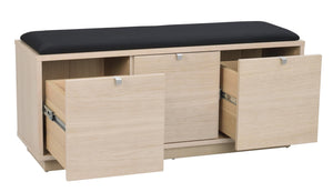 Hallbänk med förvaring i ljust trä med tre utdragbara lådor och svart sittdyna