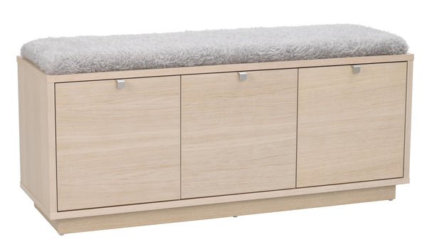 Hallbänk med förvaring i ljust trä och grå sittdyna, tre luckor och moderna handtag