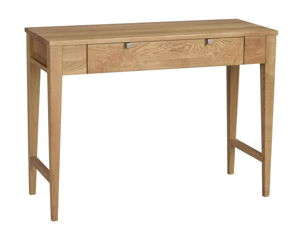 Skrivbord i ekfanér med låda och smala ben i modern skandinavisk design