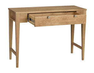 Skrivbord i ek med utdragen låda, moderna metallhandtag och smal design med fyra ben