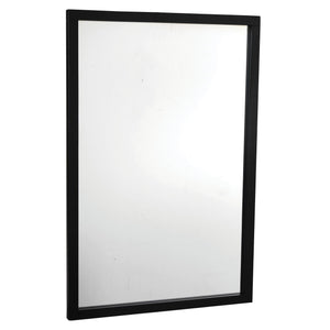 Rektangulär spegel med svart ram i modern design, visad från sidan mot vit bakgrund
