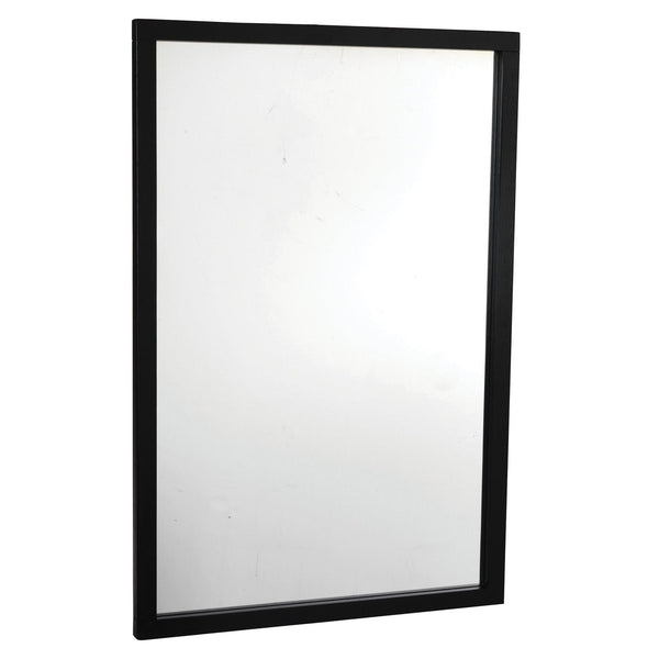 Rektangulär spegel med svart ram i modern design, visad från sidan mot vit bakgrund