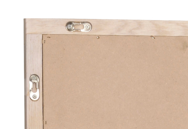 Träram med metallkrokar för upphängning på baksidan, visar fästanordning för väggmontering