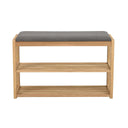 Hallbänk i ek med grå dyna och två förvaring shyllor för skor