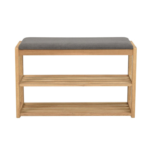 Hallbänk i ek med grå dyna och två förvaring shyllor för skor