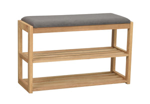 Hallbänk i ek med grå dyna och två hyllplan för skoförvaring