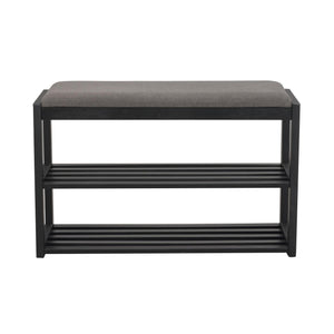 Sittbänk med svart träram, grå dyna och två hyllplan för skoförvaring