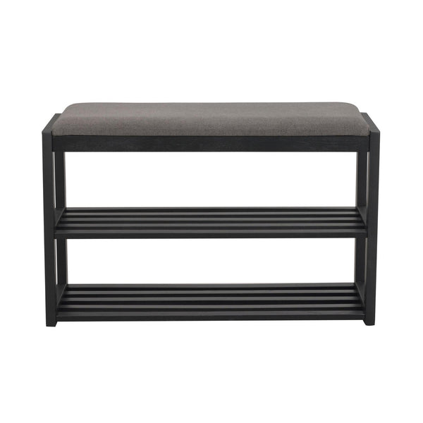 Sittbänk med svart träram, grå dyna och två hyllplan för skoförvaring