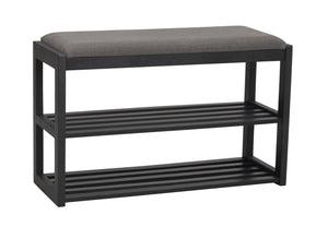 Svart hallbänk med grå stoppad sits och två hyllplan för skoförvaring