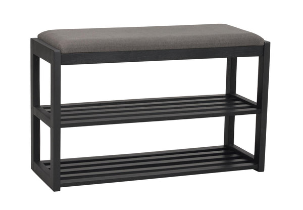 Svart hallbänk med grå stoppad sits och två hyllplan för skoförvaring