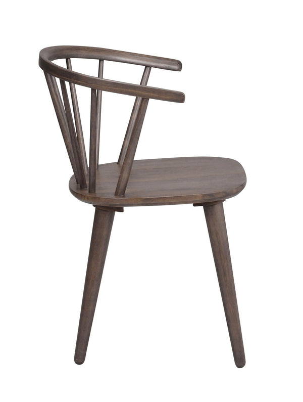 Gråbrun trästol med spjälrygg och rundad sits, vindsormstil med fyra ben