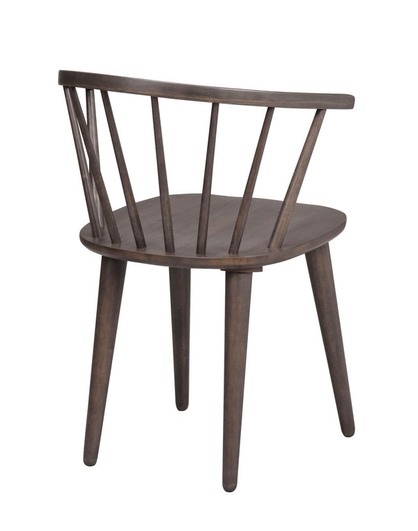 Mörkbrun trästol med spjälad rygg och rundad sits, snedställd vy bakifrån