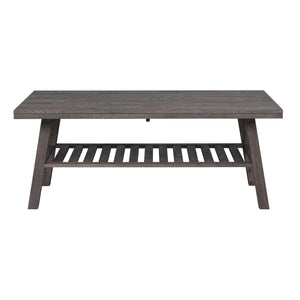 Grått soffbord i trä med avlastningshylla och snedställda ben i modern skandinavisk design