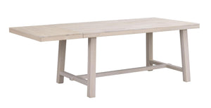 Ljust matbord i trä med A-formade ben och förlängningsfunktion, skandinavisk design