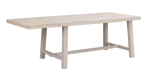 Ljust matbord i trä med A-formade ben och förlängningsfunktion, skandinavisk design