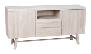 Ljust trä sideboard med två dörrar, två lådor och öppen hylla på sneda ben i modern skandinavisk design
