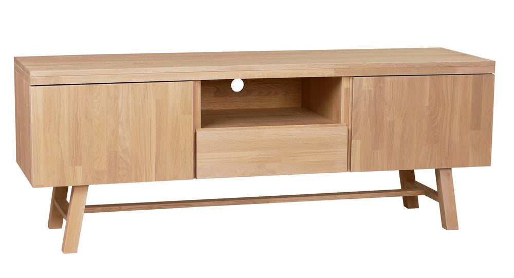 TV-bänk i ljust trä med två skåp, en låda och öppen hylla, moderna träben i skandinavisk design