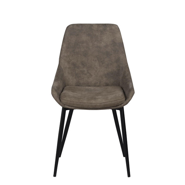 Grå matstol med hög rygg och svarta metallben i modern design