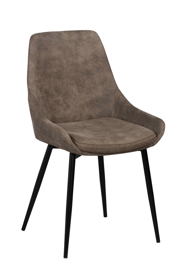 Grå matstol med hög rygg och svarta metallben i modern design