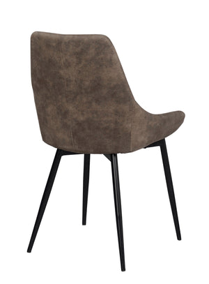 Grå matstol med svarta metallben, bakifrån, modern design med stoppad rygg i mockaimitation