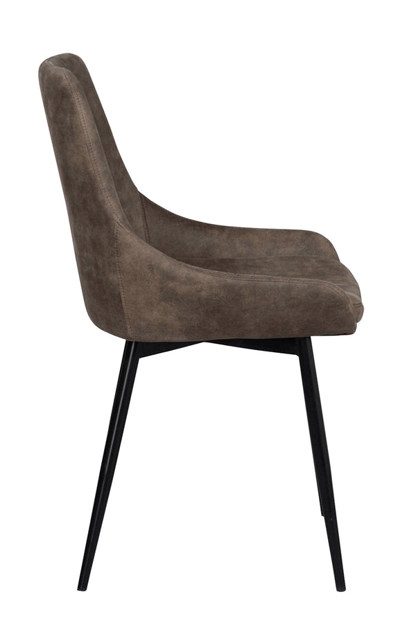 Grå matstol med svarta ben i sidovy, modern design med mjuk klädsel och hög rygg