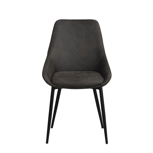 Grå matstol med hög rygg och svarta metallben i modern skandinavisk design