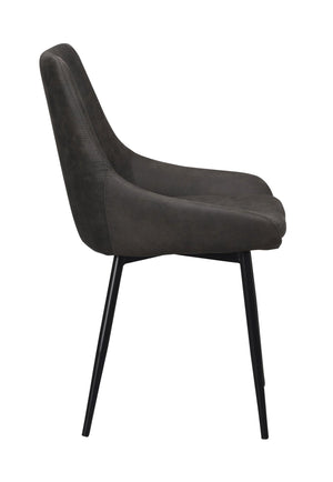 Grå stol med svarta metallben, sidobild som visar stolens ergonomiska design och mjuka klädsel