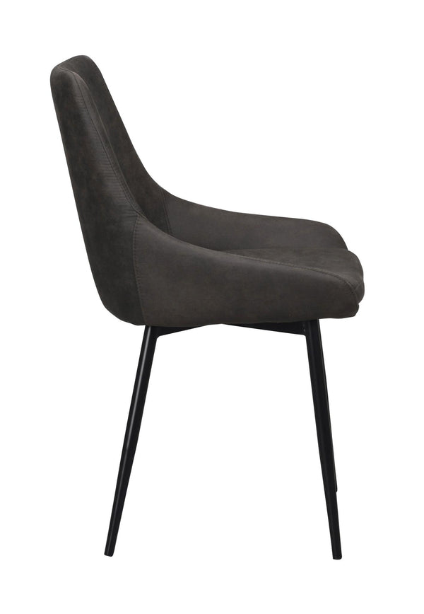 Grå stol med svarta metallben, sidobild som visar stolens ergonomiska design och mjuka klädsel