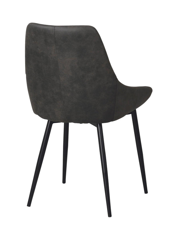 Grå matstol med svarta metallben, sedd bakifrån, modern design med klädd rygg i konstläder