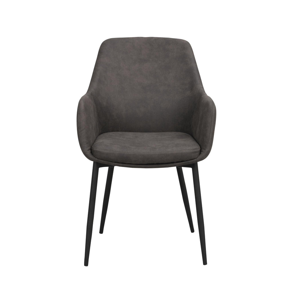 Grå matstol med armstöd och svarta ben i metall, modern design med klädsel i mockaimitation
