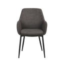 Grå matstol med armstöd och svarta ben i metall, modern design med klädsel i mockaimitation