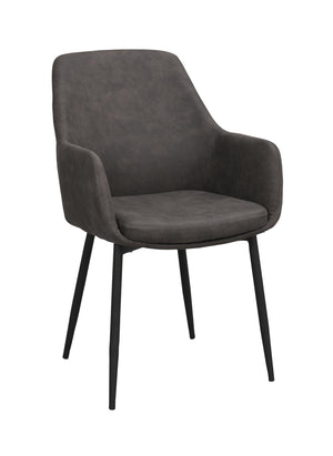 Grå stol med armstöd och svarta metallben i modern design med klädd sits och rygg